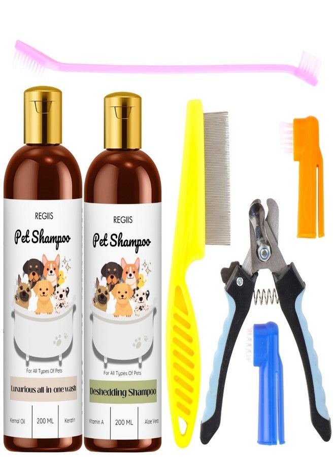 مجموعة ريجيس للعناية بالحيوانات الأليفة مع مجموعة شامبو للكلاب، مقص أظافر، مشط، فرشاة أسنان، 7 قطع من أدوات الاستحمام وإزالة الشعر الاحترافية لجميع أنواع الحيوانات الأليفة، 200 مل (5 عبوات) - Image 1